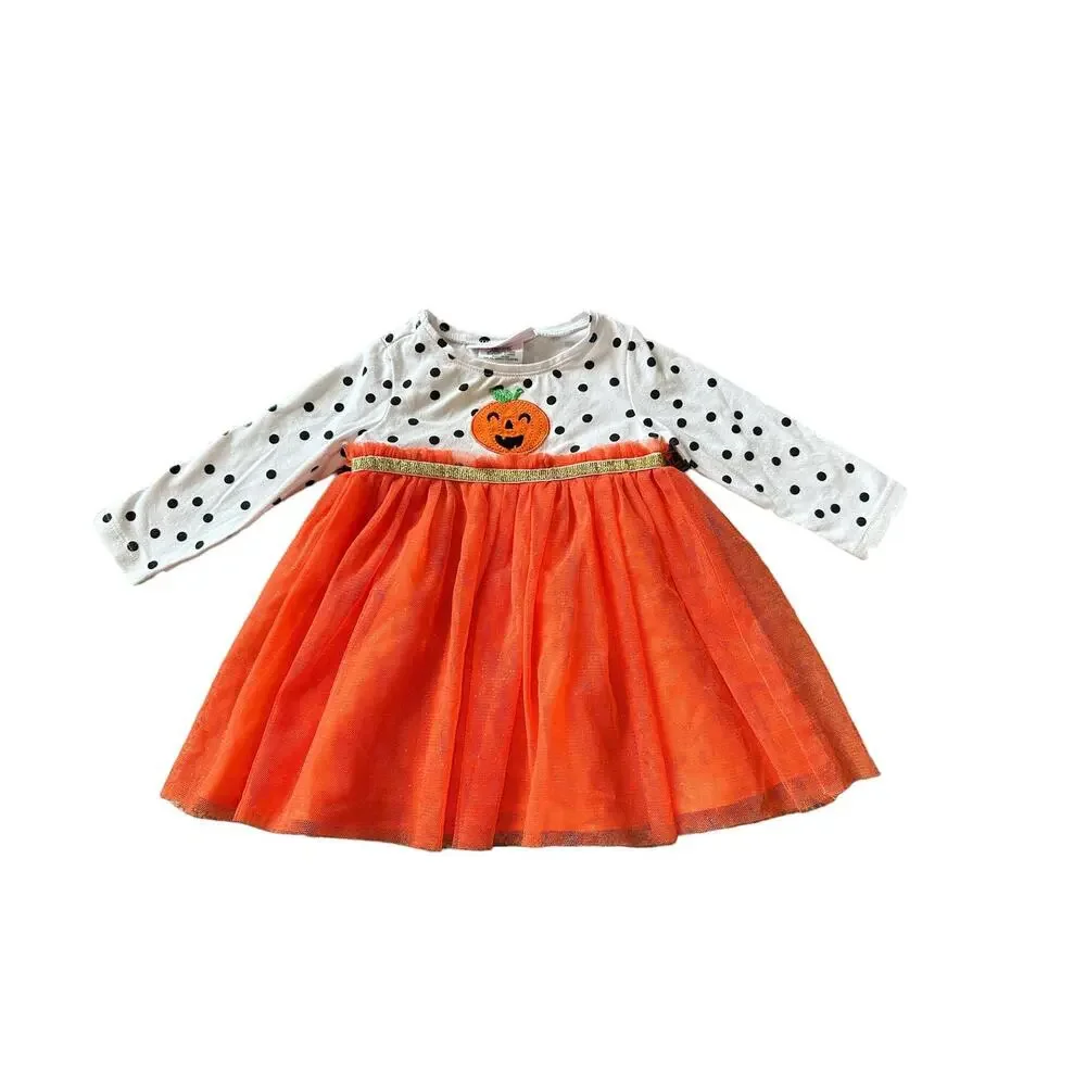 Bonnie Baby Girls 3-6M Orange Black White Halloween Themed Long Sleeve Dress